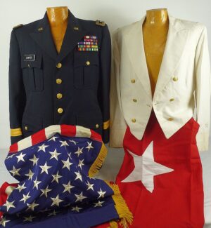 The Dress Blue Uniform Tunic and Mess Dress Jacket of Three War Veteran U.S. Army Major General Kenneth T. Sawyer with Flags