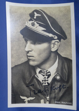 WWII German Luftwaffe Knights Cross Recipient Major Trautloff Autographed Postcard