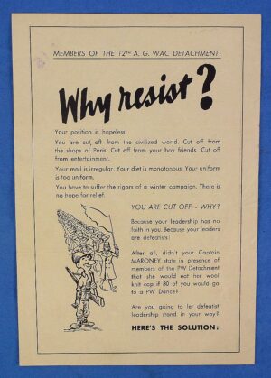 WWII US Army WAC Paris Dance Invitation Designed as a German Surrender Leaflet: "Why Resist?"