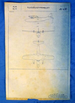 Secret Reich Air Ministry Blue Print of the Arado 430 Flying Boat