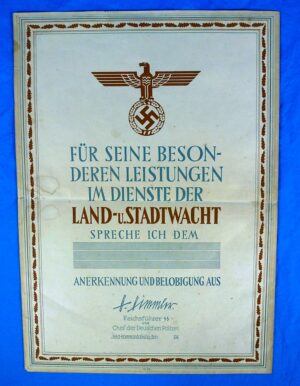 WWII Heinrich Himmler Award Document of the German Rural and City Guard