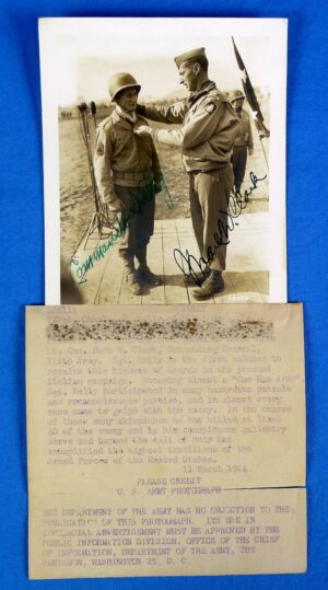 Signed WWII Medal of Honor Award Ceremony Photograph of Sergeant Charles "Commando" Kelly and General Mark Clark