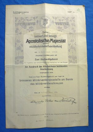 1915 Dated Austro-Hungarian Award Document for the Military Merit Medal