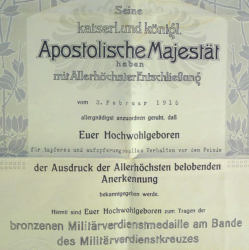 1915 Dated Austro-Hungarian Award Document for the Military Merit Medal - Image 2