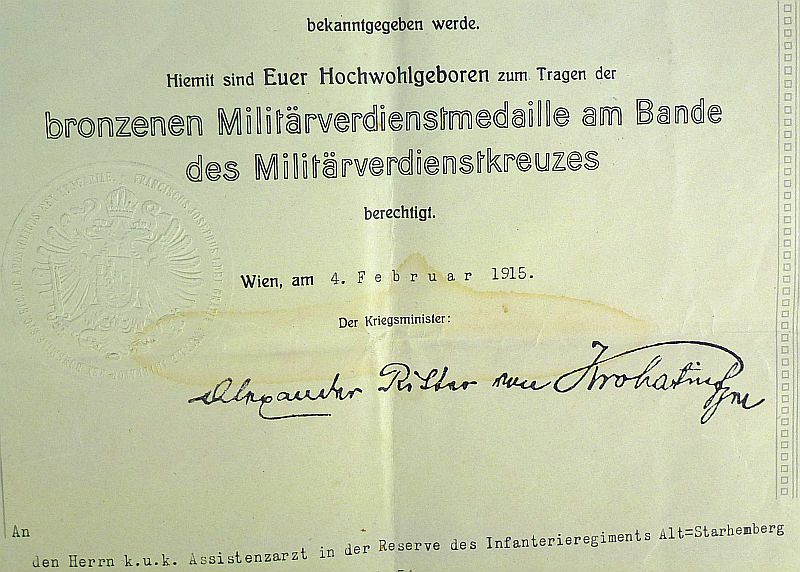 1915 Dated Austro-Hungarian Award Document for the Military Merit Medal - Image 3
