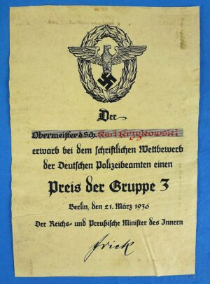 1936 German Schutzpolizei Award Document