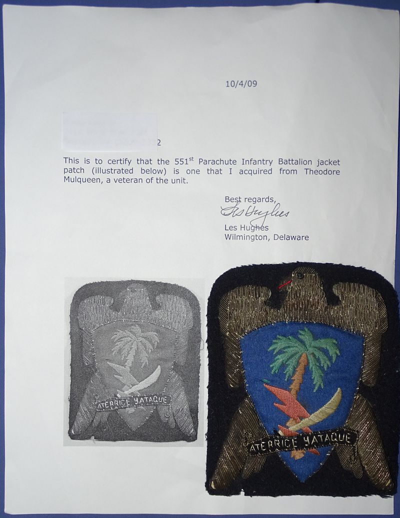 WWII Identified 551st Parachute Infantry Battalion Bullion Pocket Patch - Ex Les Hughes Collection - Image 2