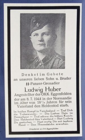 Waffen SS Death Card KIA Normandy  8/7/1944