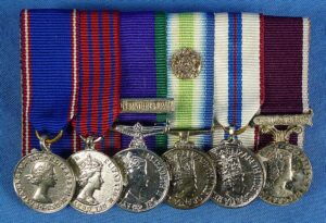 British Six Place Miniature Medals Bar with Royal Victorian Medal, George Medal and Falklands Medal