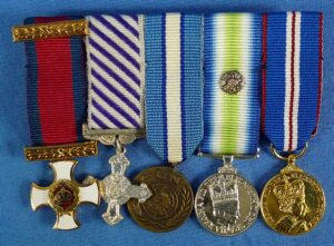 British Five Place Miniature Medal Bar with Distinguished Service Order and Falklands Island Medals