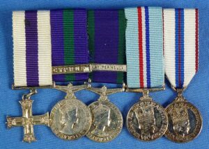 British Five Place Miniature Medal Bar with Military Cross - Cyprus, Malay Peninsula