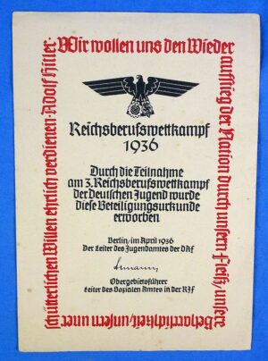 1936 Hitler Youth Reichsberufswettkampf (National Vocational Competition) Certificate