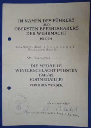 German Eastern Front Campaign Medal Certificate - 8th JG Div